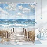 Riyidecor Beach Shower Curtain 60Wx72H Inch Blue Beachy Ocean Coastal Oil Painting Sky Summer Hawaiian Modern Landscape Scenery Nature Bathroom Decor Fabric Polyester Waterproof 12 Pack Hook