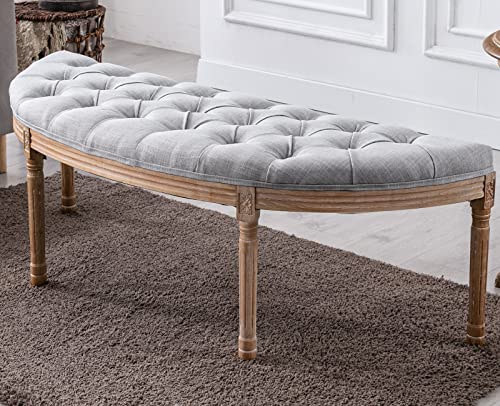 Kmax55" Upholstered Bench Tufted Fabric Bench Vintage Semi-Circle Entryway Bench Carved Pattern&Rubber Wood Legs for End of Bed, Grey