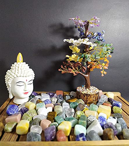 Shawn Seven Chakra Natural Healing Gemstone Bonsai Fortune Money Tree For Good Luck, Wealth & Prosperity Office Decor Spiritual Gift (With Golden Wire And 300 Beads) Size 10-12 Inches, Golden,Natural #TOP7