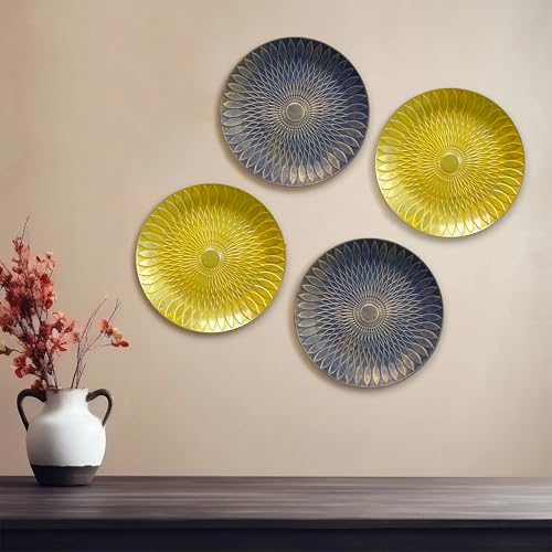 Image of Art Street Set of 4 MDF Decorative,Wall Hanging Plates for Home,Living Room,Hotel Bedroom And Office Decor Show Pieces (Blue & Yellow, Size 8 x 8 Inch)