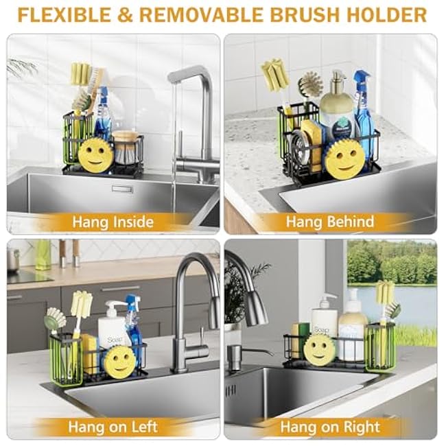 Epicano Sink Caddy Sponge Holder, Smiley Face Sponge Rack with High Brush Holder,Rustproof Kitchen Countertop Organizer,Kitchen Gadgets Sink Accessories, 7.6 x 6.3 x 4.1, Black