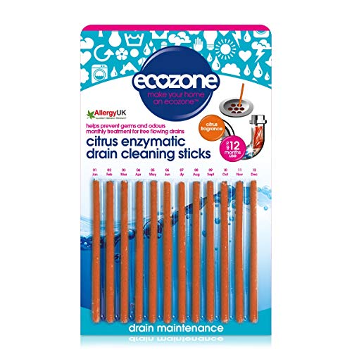 Ecozone Drain Cleaning Sticks, Enzymatic Pipe Unblocker, Prevents Plug Hole Obstructions & Keeps Water Flowing Freely, Natural Vegan & Non Toxic Kitchen & Bathroom Treatment Kit (x 12, 1 Year Supply)