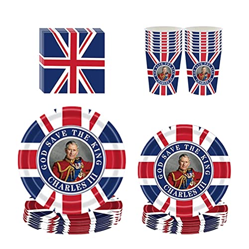 Qingchen Juego de Platos de Papel Union Jack, Union Jack Party Set 64 Piezas, Platos de Papel, servilletas, Vasos, vajilla, Juego para King'S Ascending Celebrations 2022 Party Cover