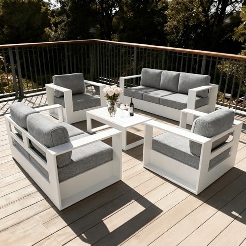 Image of LayinSun Oversized Aluminum Outdoor Furniture Set, 5 Piece Patio Sofa Sets with Coffee Table, Deep Seating and Upgraded 6-inch Cushions for Porch, Balcony, Deck