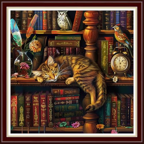 Image of Joyhoor Cross Stitch Kits for Beginners Stamped Cross-Stitch Supplies Needlework preprint Embroidery Kits for Adults DIY Needlepoint Kit Embroidery Patterns 11CT-Bookshelf Cat 18x18 inch