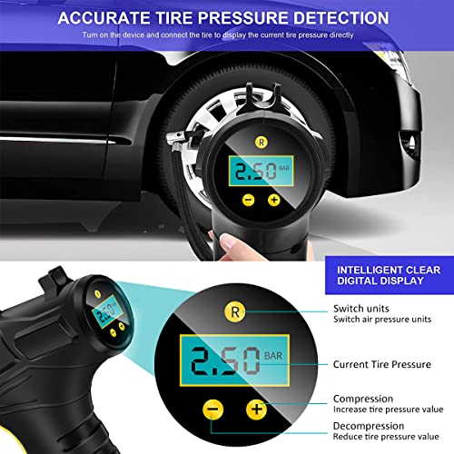 Ghopy Cordless Tyre Inflator 12V 120W USB Rechargeable Air Compressor Car Tyre Pump Handheld Electric Digital Tire Pump with LED Light and 2000mAh Battery for Cars Motorcycles Bicycles