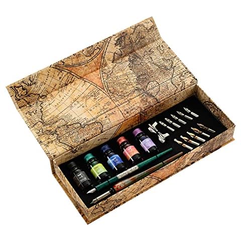 Calligraphy Pens Ink Set, Quill Writing Pen Set Vintage Pen with Ink, with Interchangeable Tips (18 Pieces) - Perfect Calligraphy Set for Beginners and Professionals (Red Green) Cover