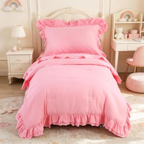 Image of Toddler Bedding Set for Girls, 4 Piece Double Ruffles Soft and Breathable Toddler Bed Sheets with Boho Toddler Comforter, Fitted Sheet, Flat Sheet and Pillowcase, Pink
