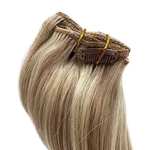 Image of Balayage Blonde Clip in Hair Extensions Real Human Hair 14 Inch 5pcs /70g Walnut Brown to Ash Brown Mixed Platinum Blonde Remy Human Hair Extensions Silky Straight Double Weft Clip in Extensions