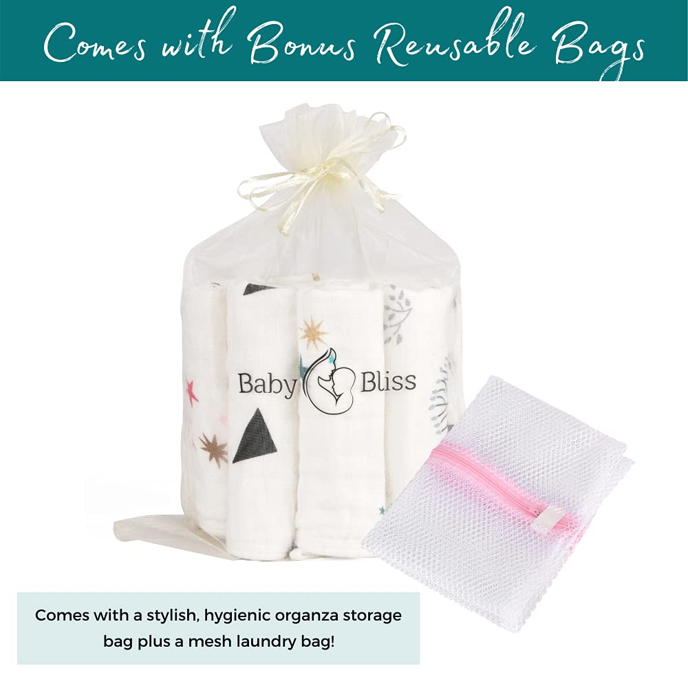 BABY BLISS 6-Layers Muslin Baby Washcloths (10-Pack) - Large Size Washable Newborn Cotton Towels - Reusable Infant Wipes with Storage and Wash Bags : Baby