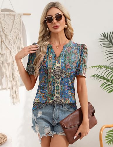 Image of Zeagoo Women Blouses Puff Short Sleeve Tops V Neck Dressy Casual Spring Shirts Boho Floral Cute Clothes 2026