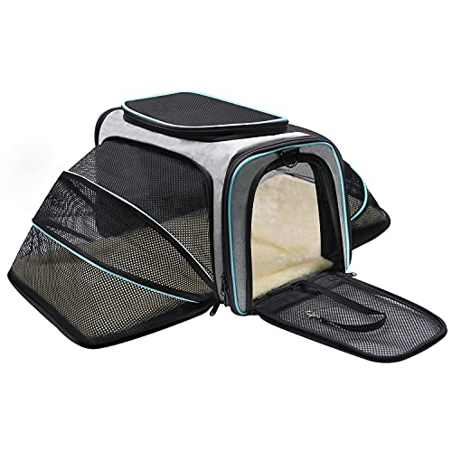 Airline Approved Pet Carrier, 4 Sides Expandable Foldable Soft-Sided Breathable Cat Carrier with Adjustable Strap and Removable Fleece Mat for Cats Dogs and Small Animals