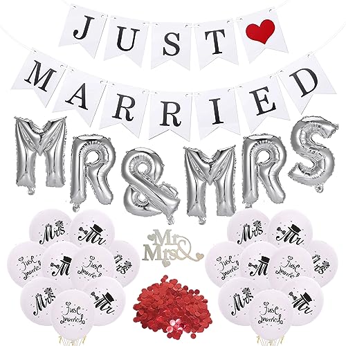 JUST Married Wedding Banner Balloons Mr & Mrs Just Married Party Decoration Romantic Balloon Decoration for Bridal Shower Anniversary