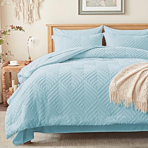 Image of Zzlpp Full Comforter Set 7 Pieces, Light Blue Tufted Bed in a Bag with Comforter and Sheets, All Season Boho Bedding Sets with Comforter, 2 Pillow Shams, 2 Pillowcases, 1 Flat Sheet, 1 Fitted Sheet