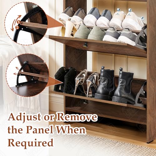 Image of ABOUT SPACE Shoe Cabinet - 5ft 3 Tier Shoe Rack with Flip Drawer| 18-20 Pair Engineered Wood Slipper Stand with Anti-Tipping Protection Removable /Adjustable Panels (Walnut-L73 x B25 x H145cm)