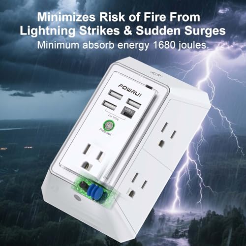 3-Sided Outlet Extender with Night Light - POWRUI Multi Plug Outlet with 5 Outlets and 4 USB Ports(1 USB-C), USB Wall Charger for Home, Office, Travel, ETL Listed, White