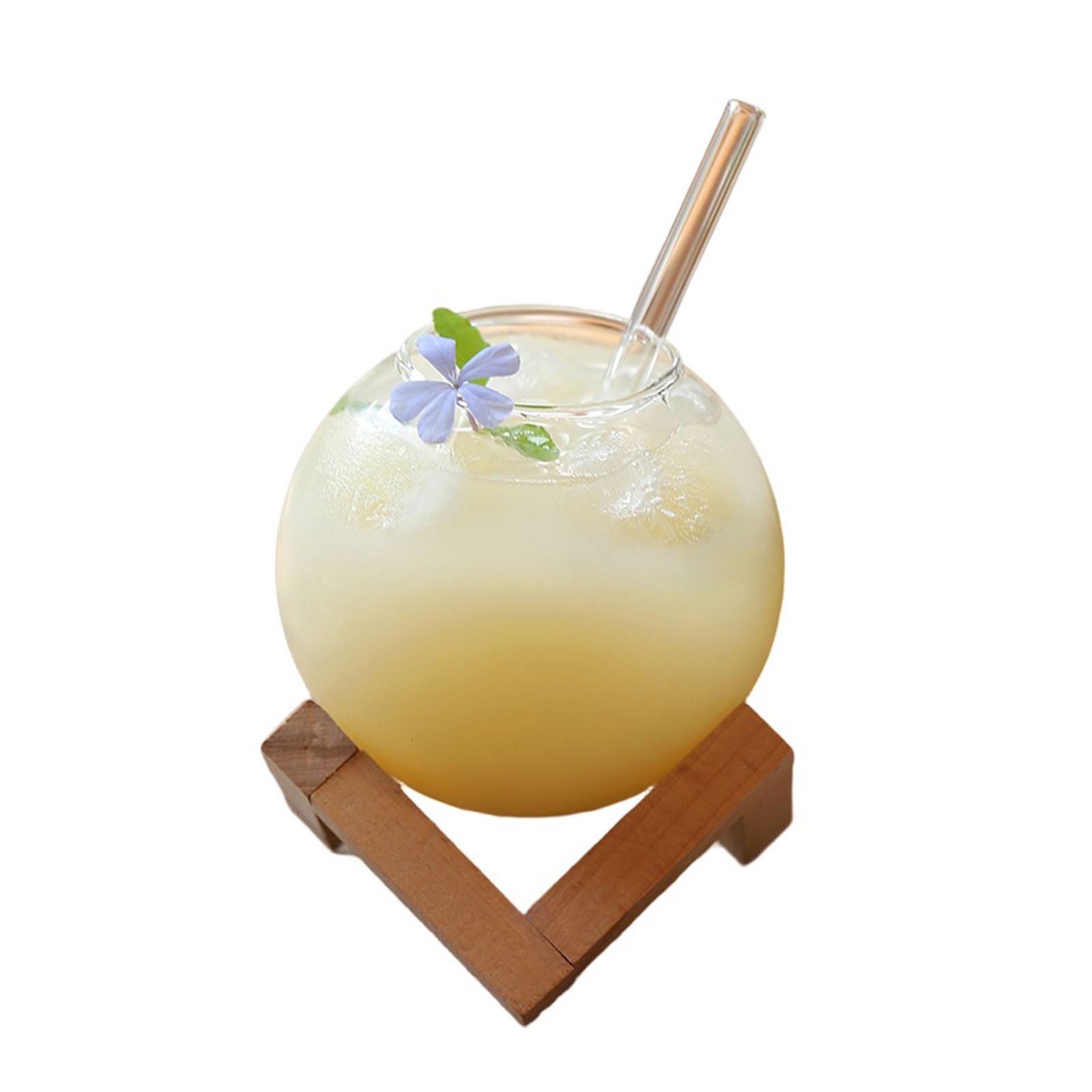 Tsophreniq Drinking Juices Cups Cocktails Glass Cup with Wood Stand Creative Spherical Glass Clear Mug Drink Mug Glassware Juices Tumblers