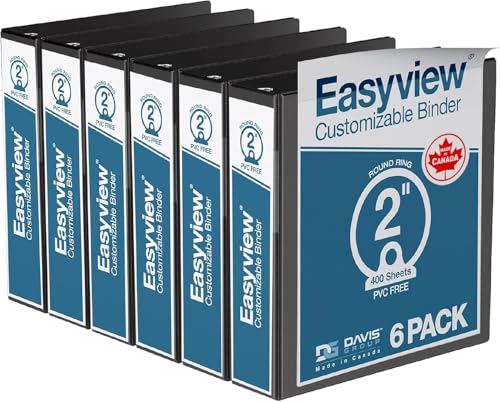 Image of Easyview 3-Ring Binder, Clear-View Cover, 2 inch Round Rings, Black, 6 Pack | Heavy-duty binder, fits 8.5 inch x 11 inch paper, customizable cover, made in Canada, ideal for school or office use