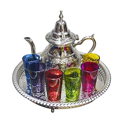 Complete Moroccan Tea Set Includes Teapot 800ml Tray 37cm 6 Typical Coloured Glass Glasses Cover