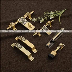 Zorba Door Fittings Kit, Door Accessories Kit, Door Kit Set (1 Aldrop, 1 Latch, 2 Handles, 1 Tower Bolt and 1 Door Stopper, Finish : Antique Brass) Aluminium Door Handle (Ganpati Antique)
