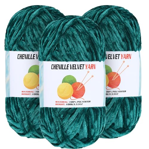 Image of 3 * 100g Velvet Chenille Chunky Yarn for Crocheting, Handcrafts Weaving Soft Chenille Yarn for Crocheting Clearance, Used for Making Baby Yarns Blanket, Clothes, Knitting Creations (Dark Green)