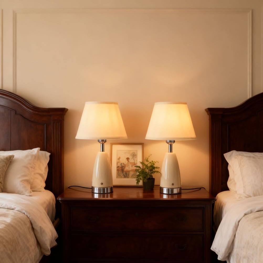 Set of 2 White Ceramic Table Lamps for Bedroom, 3 Way Touch Dimmable Table Lamp with USB A+C Charging Ports, E26 Nightstand Lamp with White Fabric Shade for Living room Bedside Side(with light bulb)