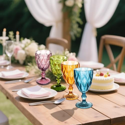 Image of 16 Pack Vintage Wine Glasses, Plastic Reusable 12 Ounce Colored Water Goblets, Unique Embossed Pattern Unbreakable Stemmed Wine Glasses, High Clear Wedding Party Bar Drinking Cups Multicolor