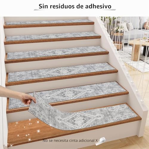 Miniatura 6 de Homcomodar 15pcs Alfombras De Escalera 76x20cm Gris Peldaños De Mader Antideslizante Alfombra De Goma Para Escaleras Peldaños Autoadhesivos Para Niños Ancianos Y Mascotas