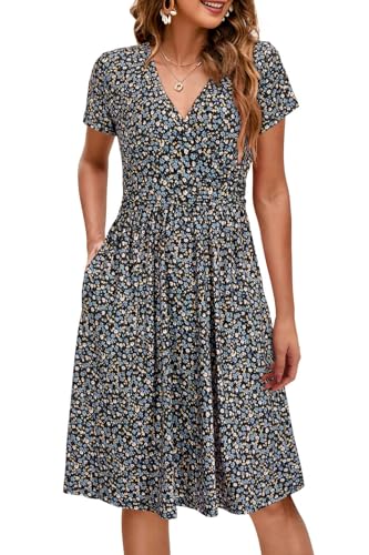Image of OUGES Maternity Nursing Dress Breastfeeding Short Sleeve V Neck Casual Pregnancy Clothes with Pockets
