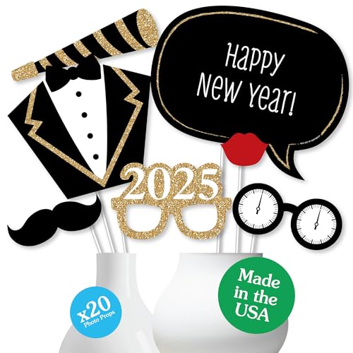Big Dot of Happiness 2025 Gold New Year's Eve Photo Booth Props, 2025 New Year's Eve Party Props Kit, New Year's Eve Party Supplies, 20 Count