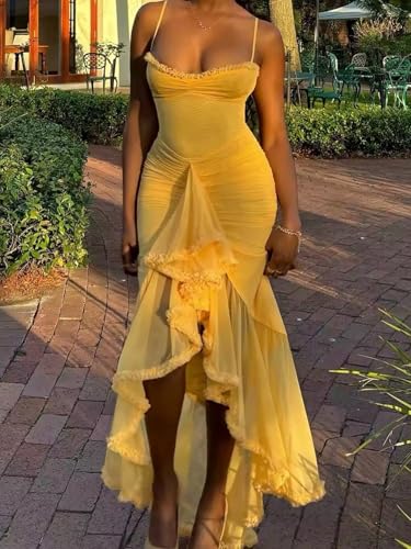 Image of Women's Spaghetti Strap Maxi Dress High Split Ruffle Hem Bodycon Cocktail Dresses Evening Party Dress