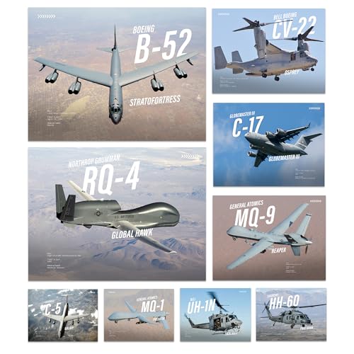 Wallbuddy Modern Military Aircraft Set of 9 Posters | Aviation Wall Art Prints US Air Force Jets...
