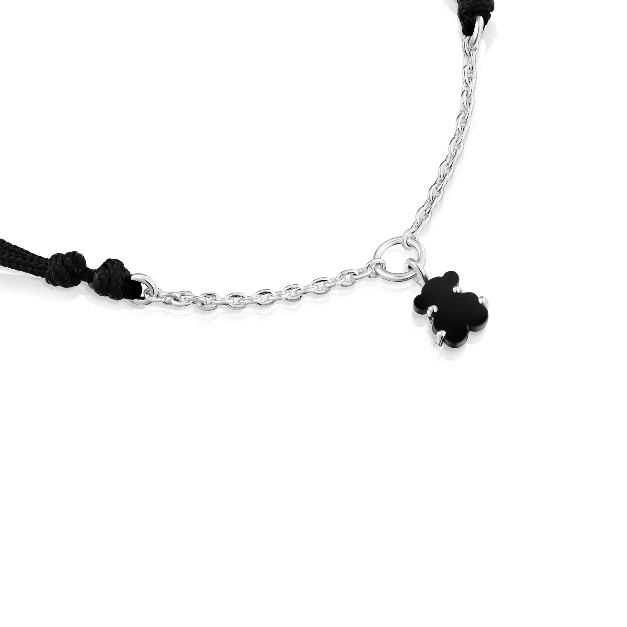 TOUS Pulsera de Plata de Primera Ley y Cordón con Motivo Oso en Ónix para Mujer, 16cm de Largo, Colección Mini Color
