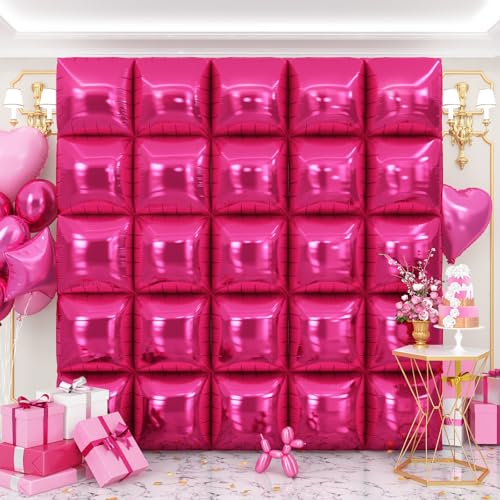 OTLGEUA Hot Pink Square Foil Balloons Wall Backdrop 25Pcs Double Sided Rose Red Balloon Tunnel Arch Kit For Birthday New Year Baby Shower Party Decorations