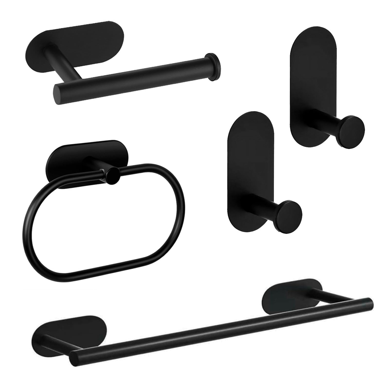 Cragmut 5 Pieces Bathroom Accessories Set, Self-Adhesive Towel Rail Toilet Roll Holder Towel Ring Towel Hooks No Drilling Stainless Steel Modern Bathroom Hardware Kit, Black