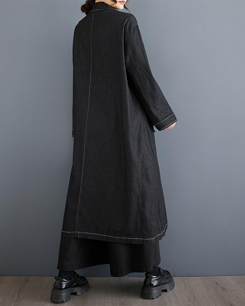 ellazhu Women's Coat Loose Oversize Casual Trench Coat Denim Jacket Jean Plus Size Tendy Maxi Drawstring Solid GZ338 - Image 2