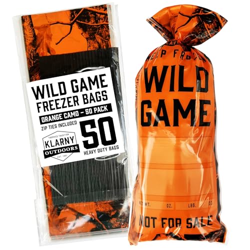 Klarny Outdoors Wild Game Freezer Bags for Ground Meat or Venison, 1.5 LB Blaze Orange Camouflage Hunting Meat Packaging Storage System with Twist Ties for Preventing Freezer Burn (50 Bags)