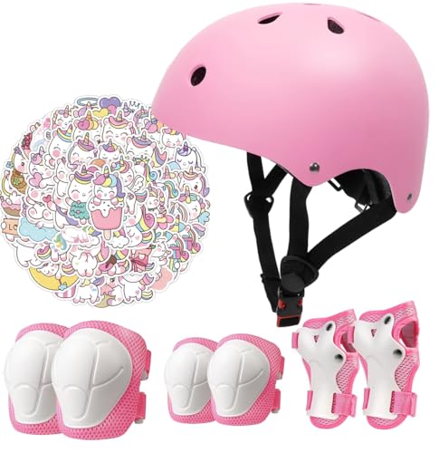 Kids Bike Helmet Pads with Knee Elbow Wrist Pads Guards,Toddler Adjustable Pink Helmet Girls Child with Unicorn Sticker
