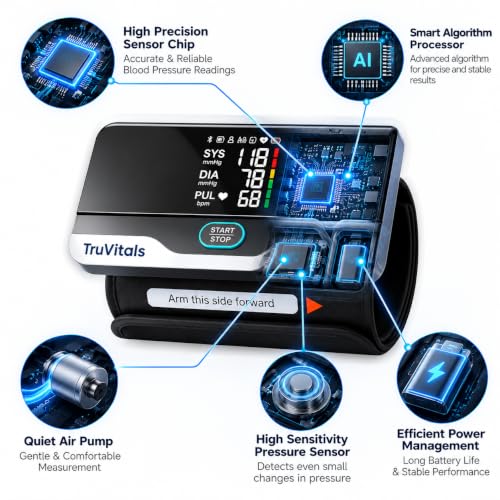 Image of TruVitals PulseSense Digital Blood Pressure Monitor for Home Use - Wireless & Rechargeable BP Machine with Large LED Display | Voice Broadcast | WHO Indicator, IHB Detection | 99 Memory Records | 2 User Support, Compact & Travel Friendly | 1-Year Warranty
