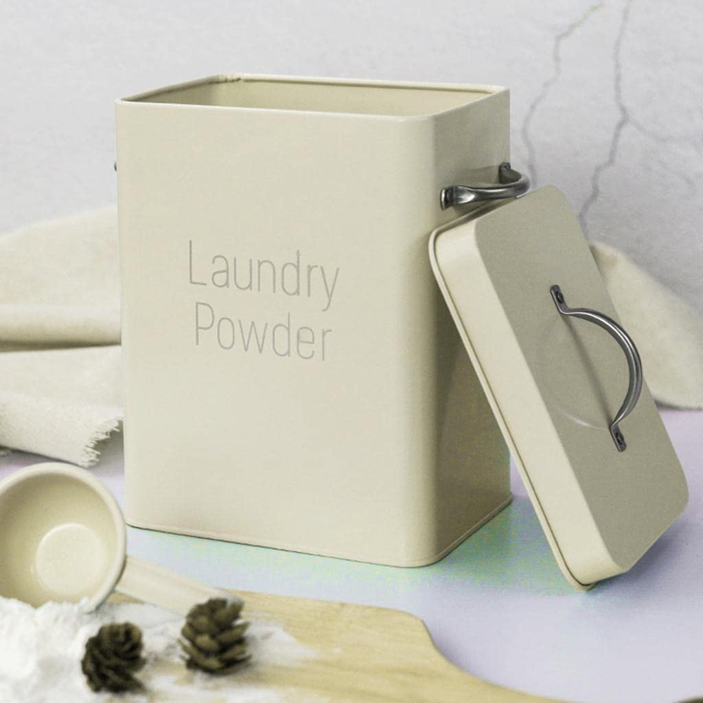 Grande contenitore di latta per bucato in polvere con cucchiaio, bianco
