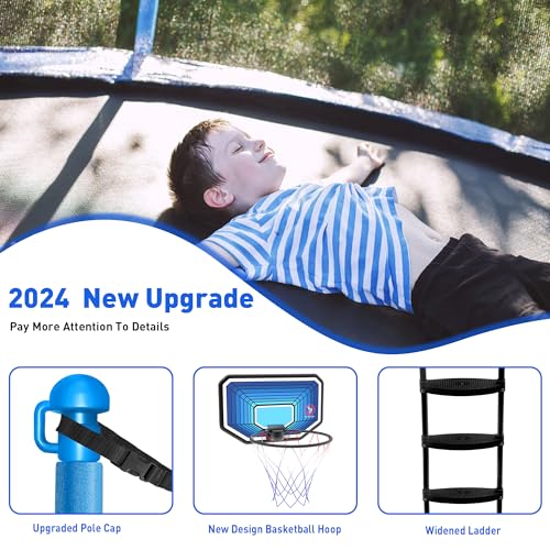 DeepRoar Tranpoline for Kids and Adults, 1500LBS 16FT 15FT 14FT 12FT 10FT 8FT Tranpoline with Basketball Hoop, Safety Enclosure Net, Heavy Duty Tranpoline with Light, Sprinkler, Socks, ASTM Approved