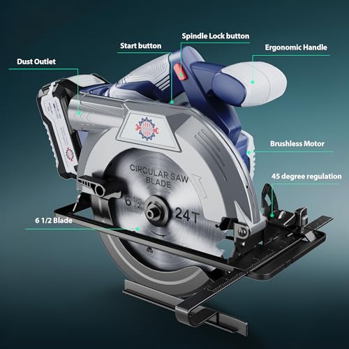 Image of Brushless 20V 6-1 /2In Cordless Circular Saw with Brake, 5600 RPM, 4.0Ah Battery Circular Saw Kit with Fast Charger, Cutting Depth 2-1 /4 inch (90), Adjustable 0-45Bevel Capability, 2 Blades (24T+60T)