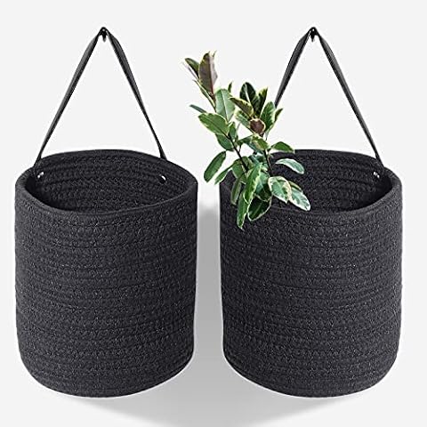 N/AS 2pcs of Black Hemp Rope Hanging Basket-10.6" x 5.5" Hanging Woven Wall Basket Set with Leather Handles,Wall Mounted Woven Hanging Basket Storage,Shelf Basket Organizer for Plants (Black) Cover