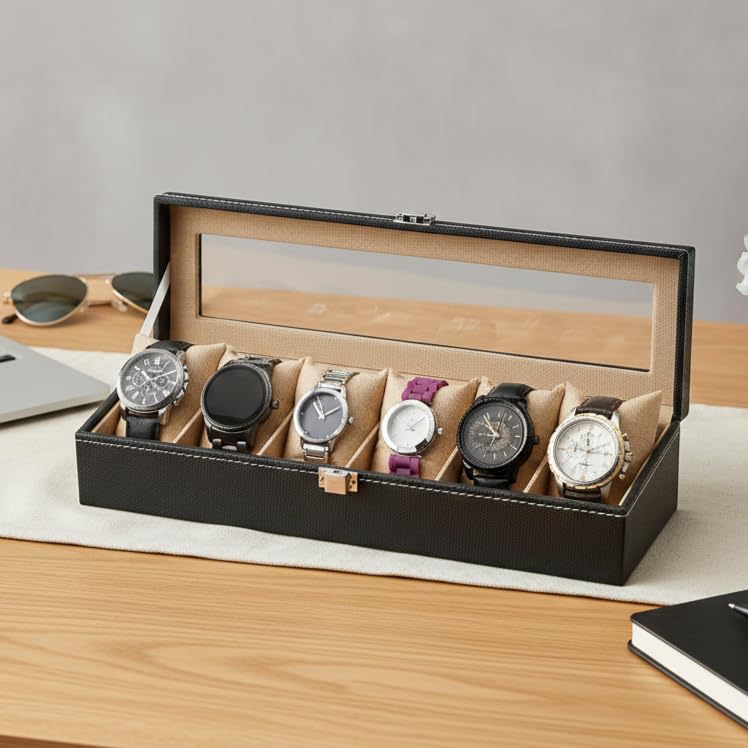 Image of Watch Box Organizer for Men and Women, 6 Slots, Leatherette, Black, Gift Box (Black::Beige)