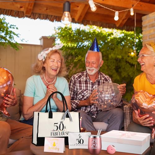 11 Pcs 50th Birthday Gifts Sets for Women Include Tote Bag Makeup Bag Wine Tumbler Scented Candle Ring Tray Keychain Socks for Mom Wife Sister Coworker Happy 50 Birthday Gifts(1974 50th) - Image 5