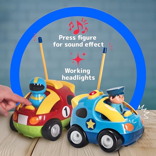 image for PREXTEX Cartoon Remote Control Car - 2-Pack Police and Race Car Toddle