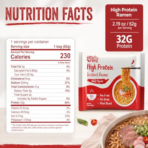 Image of VOLO VERO Protein Ramen Instant Noodles Soup inchSpicy inch Beef Flavor, 32g High Plant-Based Protein, 8 Packs, Non-Fried, Vegan, Low Fat, Non-GMO, Egg & Dairy Free, Healthy Asian Meal