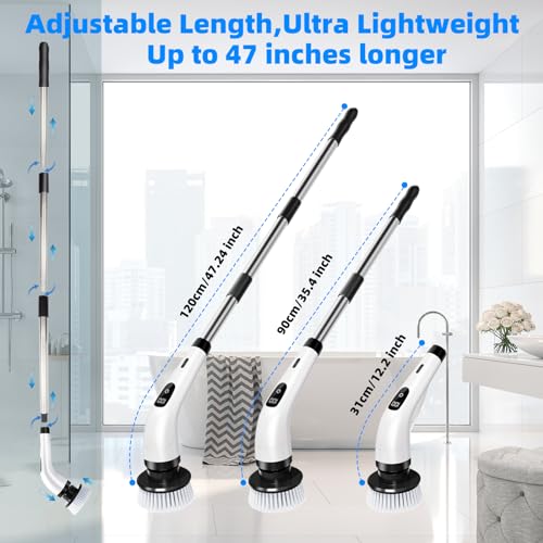 Image of SINZUX Electric Spin Scrubber, Electric Cleaning Brush with 8 Interchangeable Brush Heads, Electric Scrubbing Brush with LED Indicator and Adjustable Extension Handle for Bathroom, Kitchen