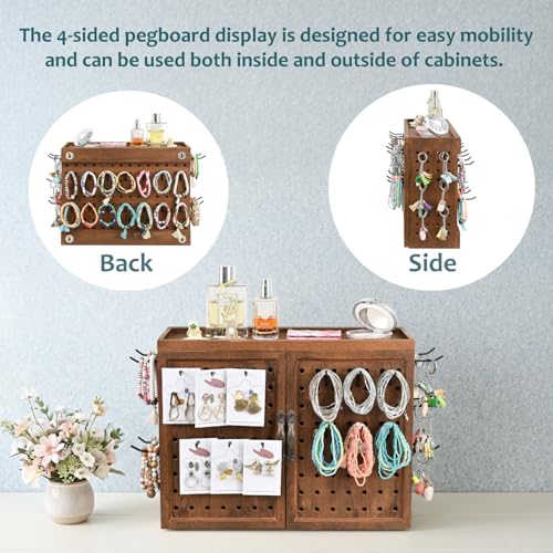 Image of Ikee Design 40Hooks Bur Holders Wood Jewelry Craft Pegboard Tool Organizer | JEWELRY TOOL STORAGE: Wooden pegboard cabinet includes doors, 40 hooks and bur holders for wall or tabletop use.