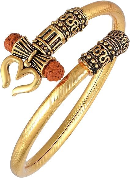 Shiva/Mahadev/Mahkaal Trishul Rudraksh Damru Bahubali Kada Free Size Bracelet Cuff Hand held Kada Spiritual Jewellery for Men and Women, pack of 1 pcs,golden color